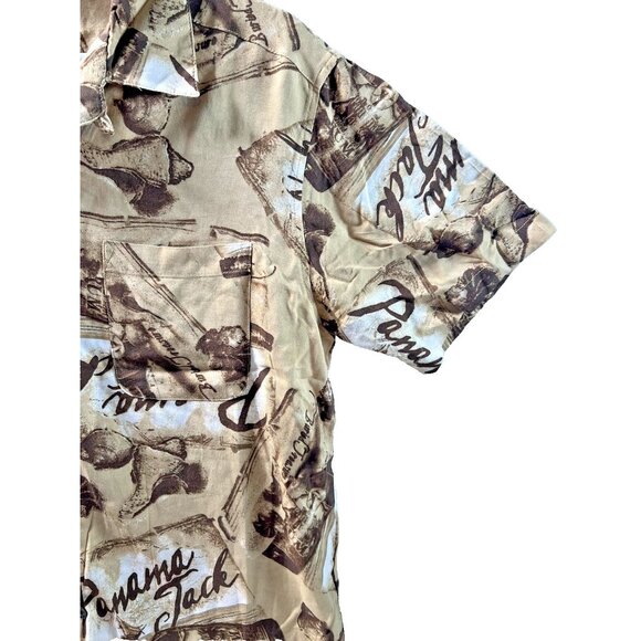 VINTAGE Panama Jack Shirt Mens Medium Hawaiian Button Up TAN BROWN Beach Casual - Picture 4 of 8